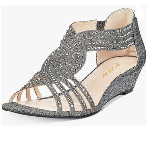 YDN Grey Wedge Glitter Sandals Open Toe Rhinestones Cross Over Straps Mid Heel